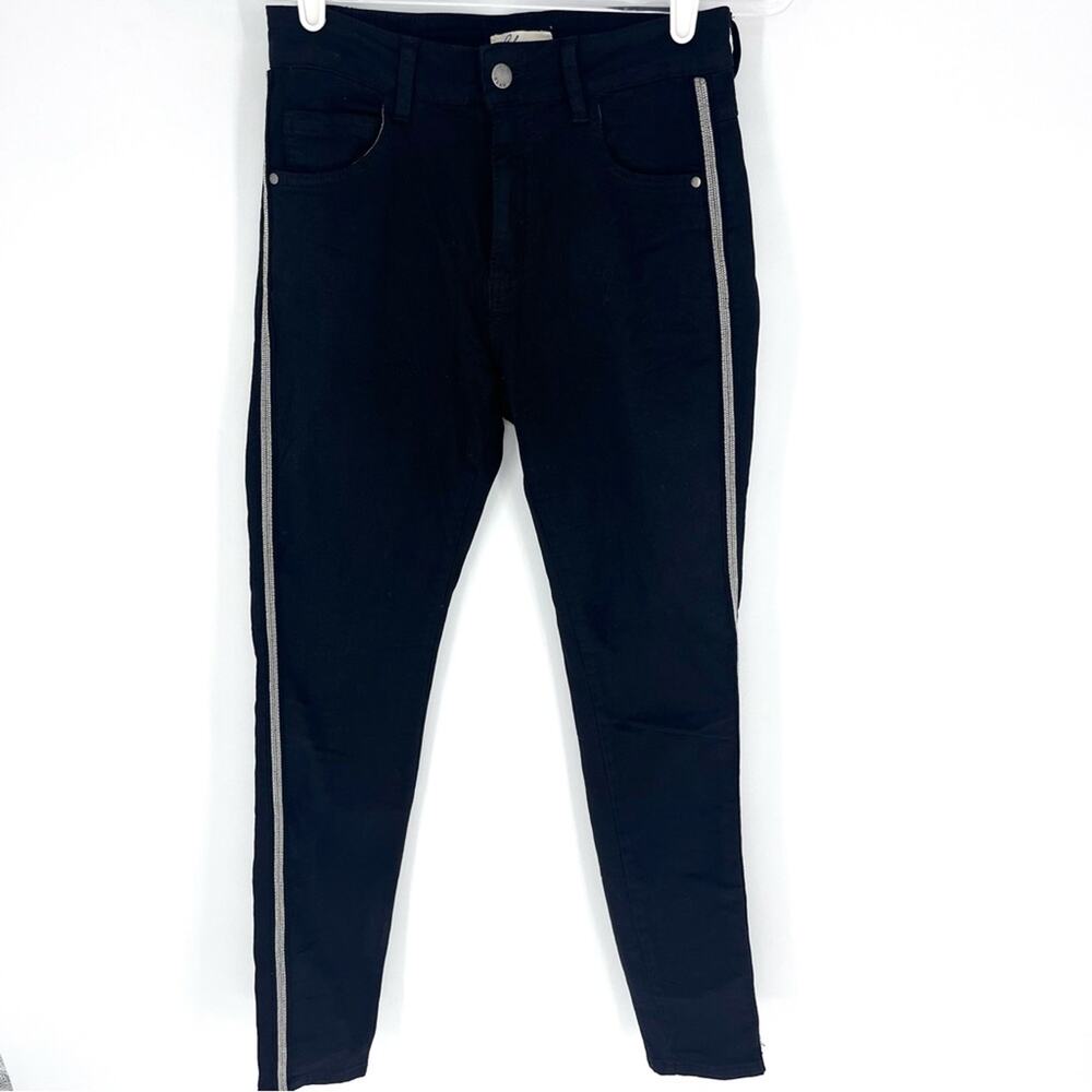 Elan High Rise Skinny Jeans with Beaded Detail Black and Silver S
